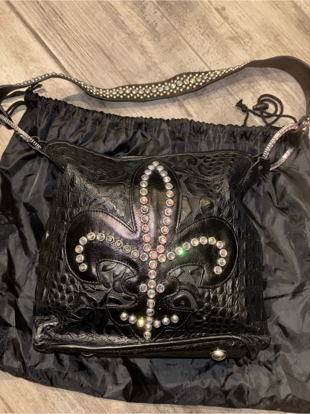 Raviani Black Crossbody With Crystal Fleur-De-Lis Accent